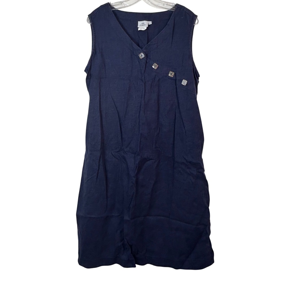 Hot Cotton Navy Blue 100% Linen Sleeveless V-Neck Shift Dress Lagenlook Large